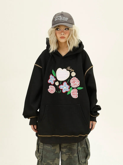 Plaid Floral Embroidery Oversize Hoodie NA6336