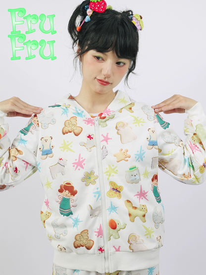 Cookie Print Rabbit Ear Zipper Hoodie NA6570