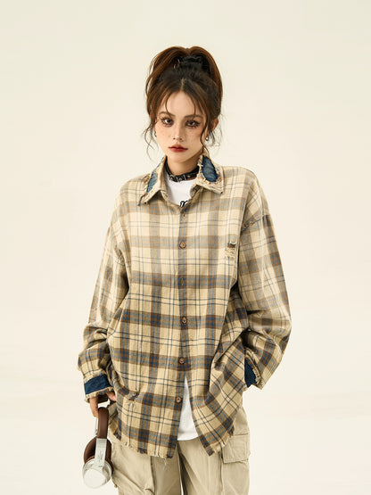 Oversize Damage Checkered Long Sleeve Shirt NA2932