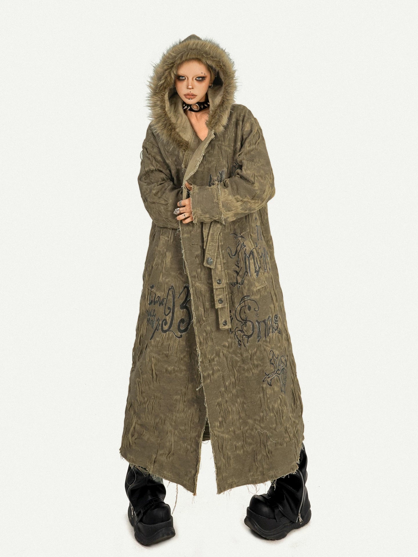 NA8566 Milk Cool Mo Li original retro heavy industry mid-length trench coat jacket autumn and winter loose design coat hooded fur collar NA8566
