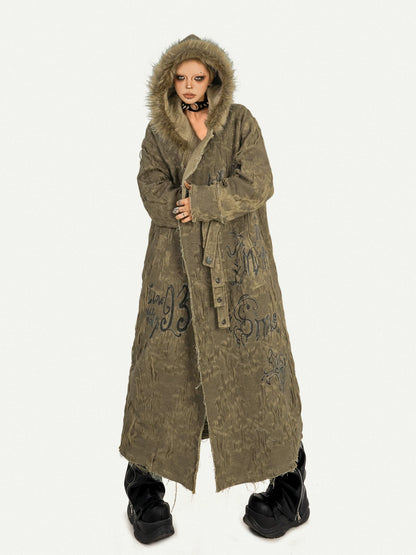NA8566 Milk Cool Mo Li original retro heavy industry mid-length trench coat jacket autumn and winter loose design coat hooded fur collar NA8566