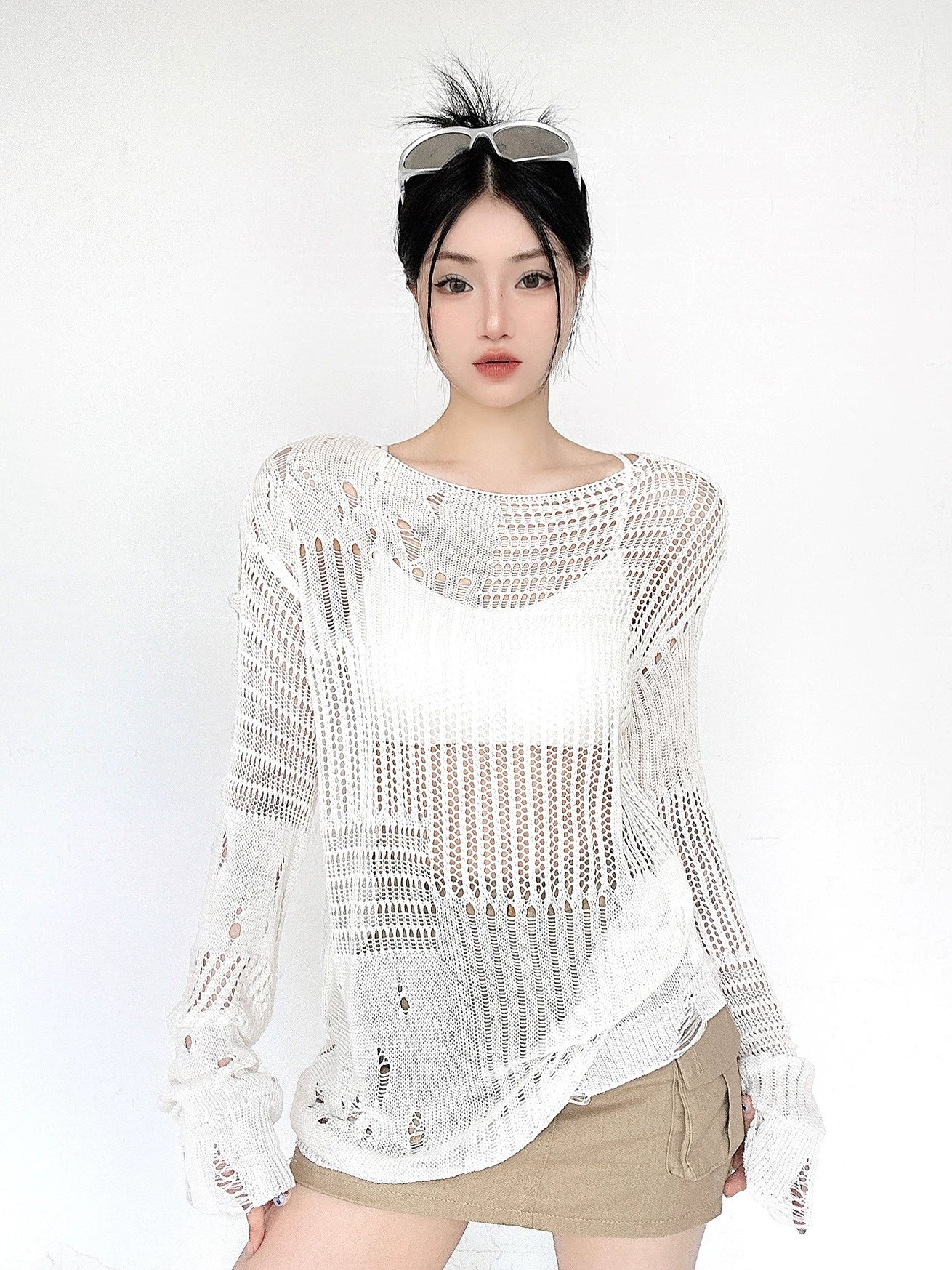 Oversize Long Sleeve Mesh Knit Sweater NA4514