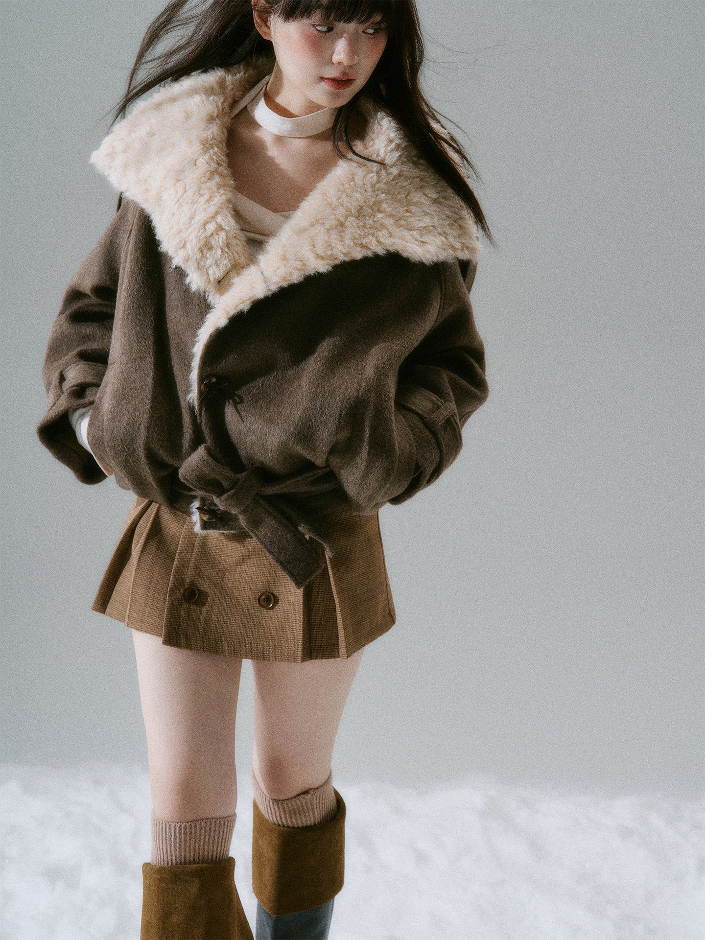 Fake Fur Collar Belted Jacket NA8844