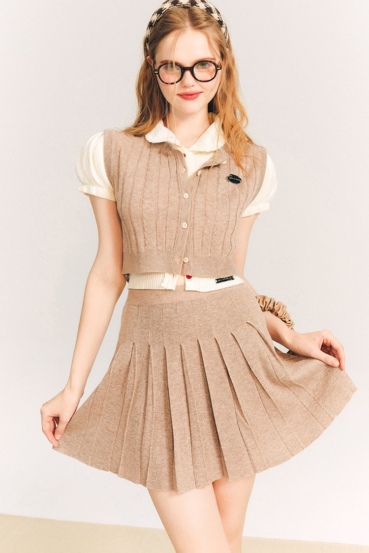 Button Knit Vest & Knit Pleated Skirt Setup NA5878