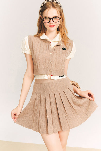 Button Knit Vest & Knit Pleated Skirt Setup NA5878