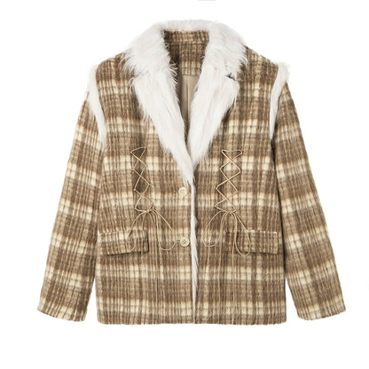 Fake Fur Plaid Woolen Jacket NA5992