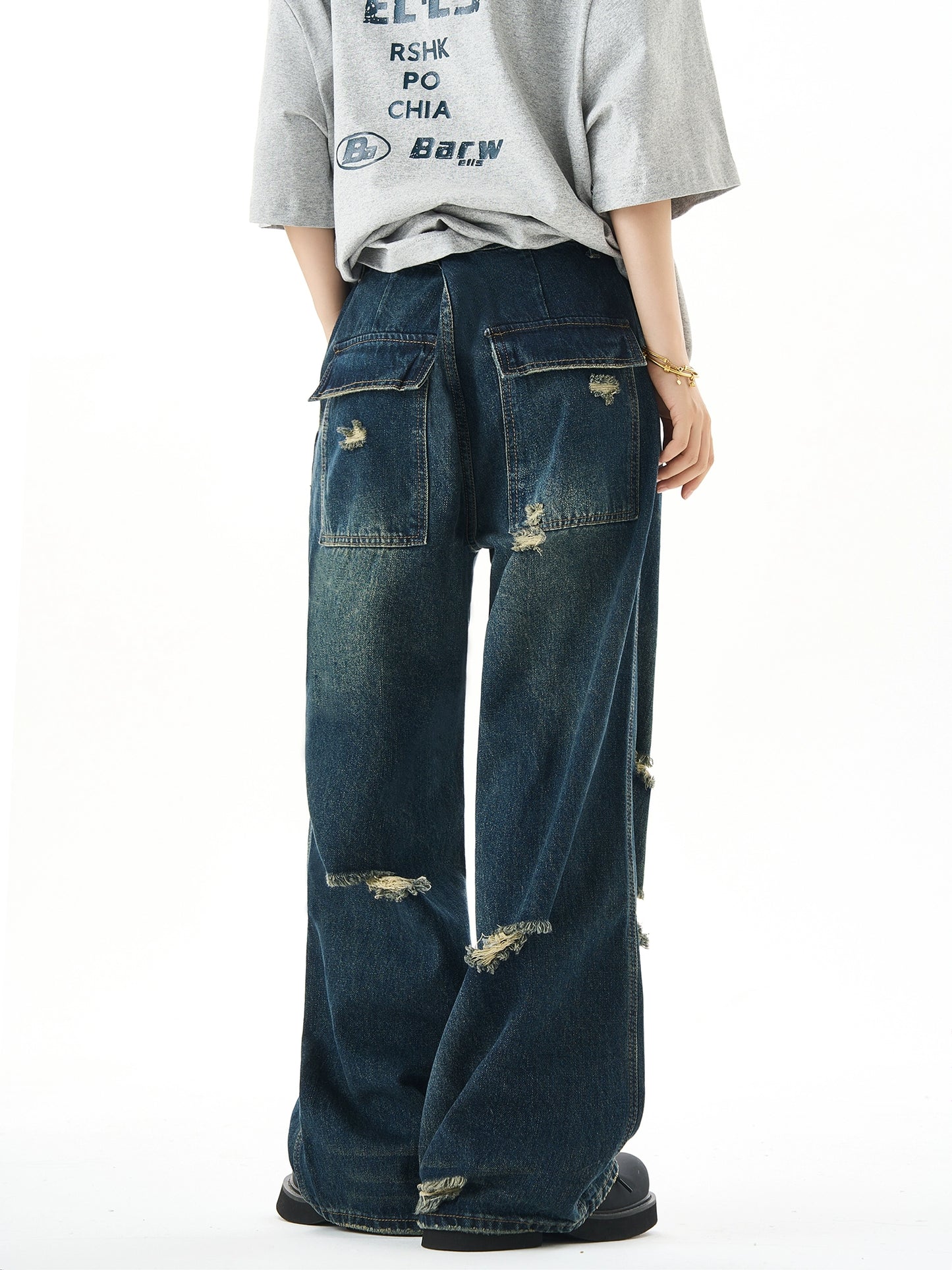 Washed Wide-Leg Straight Denim Jeans NA3057