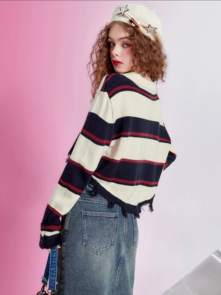 Stripe Frayed Hem Knit Sweater NA6751