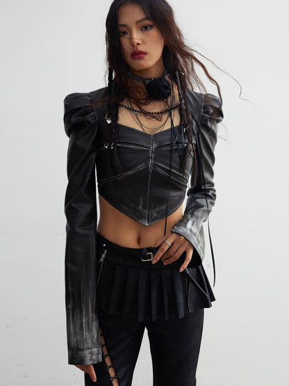 Chain Decoration Gradient PU Leather Short Jacket NA5154