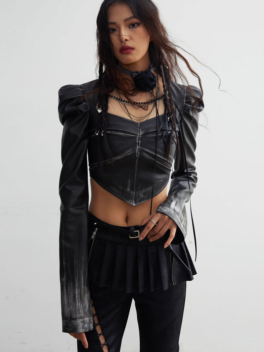 Chain Decoration Gradient PU Leather Short Jacket NA5154