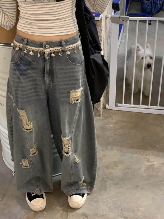 Washed Damage Wide Leg Shell Decoration Denim Jeans NA9258