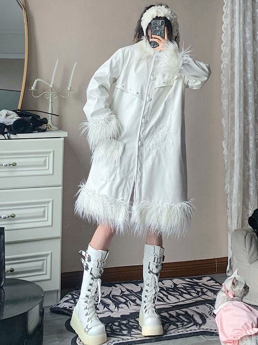 White Croc-Embossed Fake Leather Fur Coat NA7711