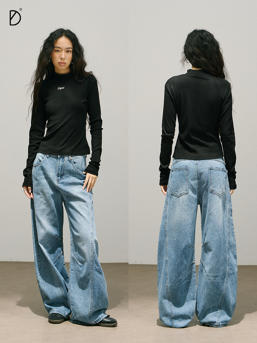 Washed Seam Design Wide Leg Denim Jeans NA8948