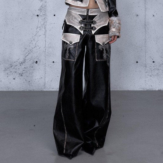 Lace Panel Buckle Detail Wide Leg PU Leather Pants NA8987