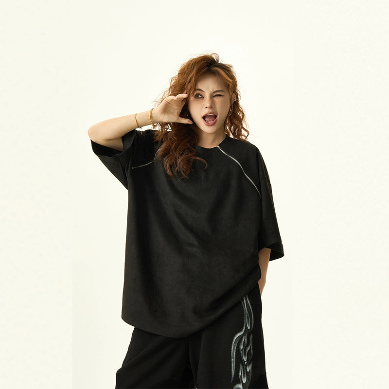 Double Zipper Design Oversize Suede Short Sleeve T-shirt NA3065