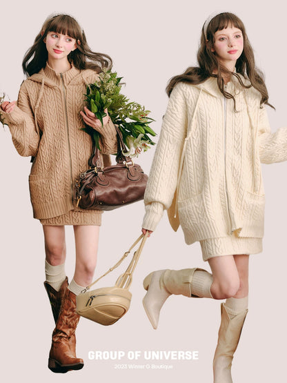 Bunny Hare Ear Hooded Zipper Knit Cardigan & Knit Skirt Setup NA5886