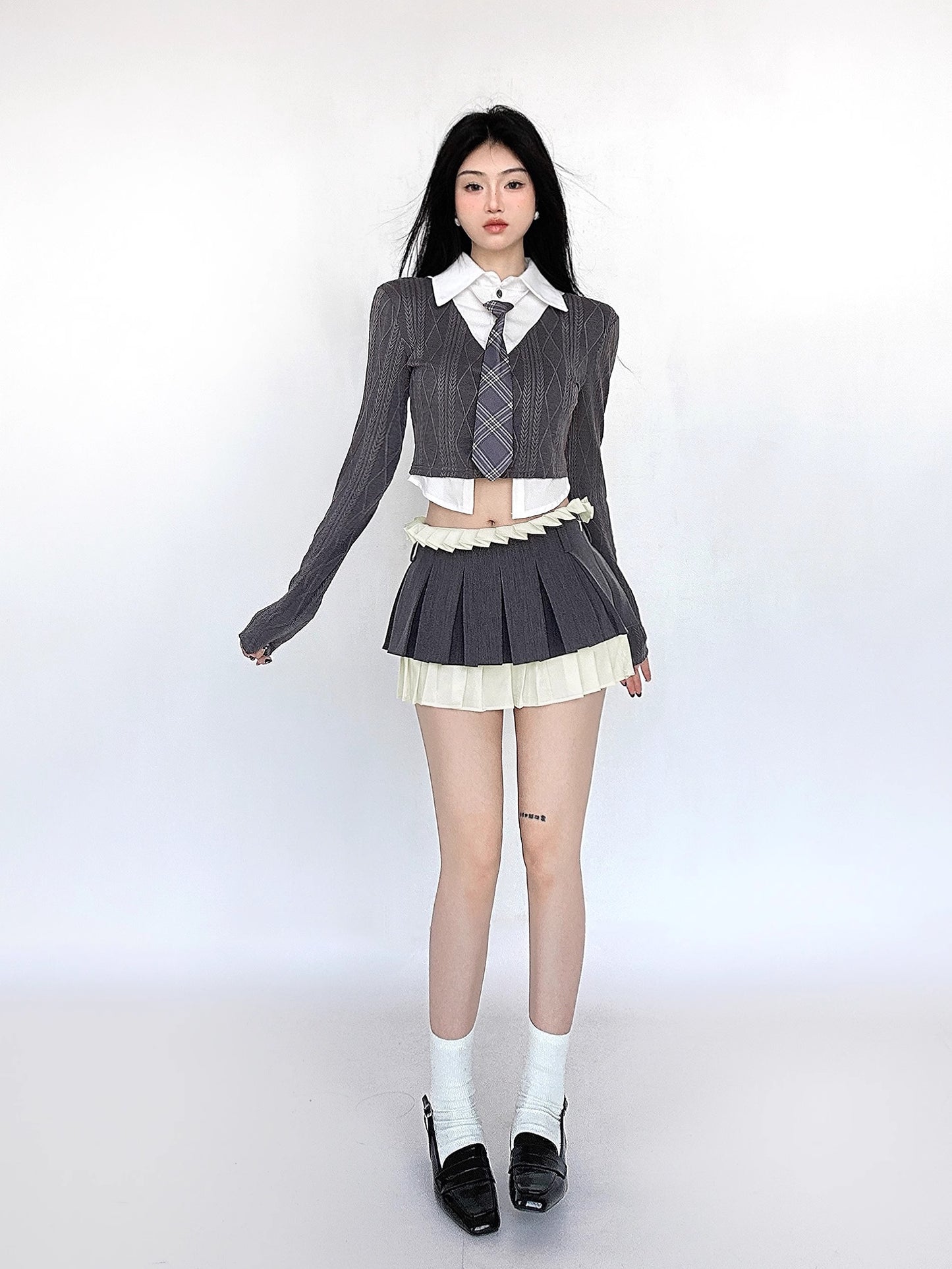 Pleated Lace Short Skirt & Fake Layered Shirt Setup NA4630