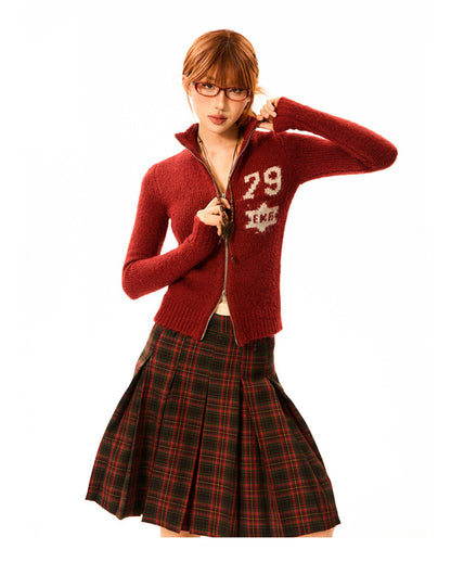 Number Patch Knit Zipper Stand Neck Cardigan NA9359