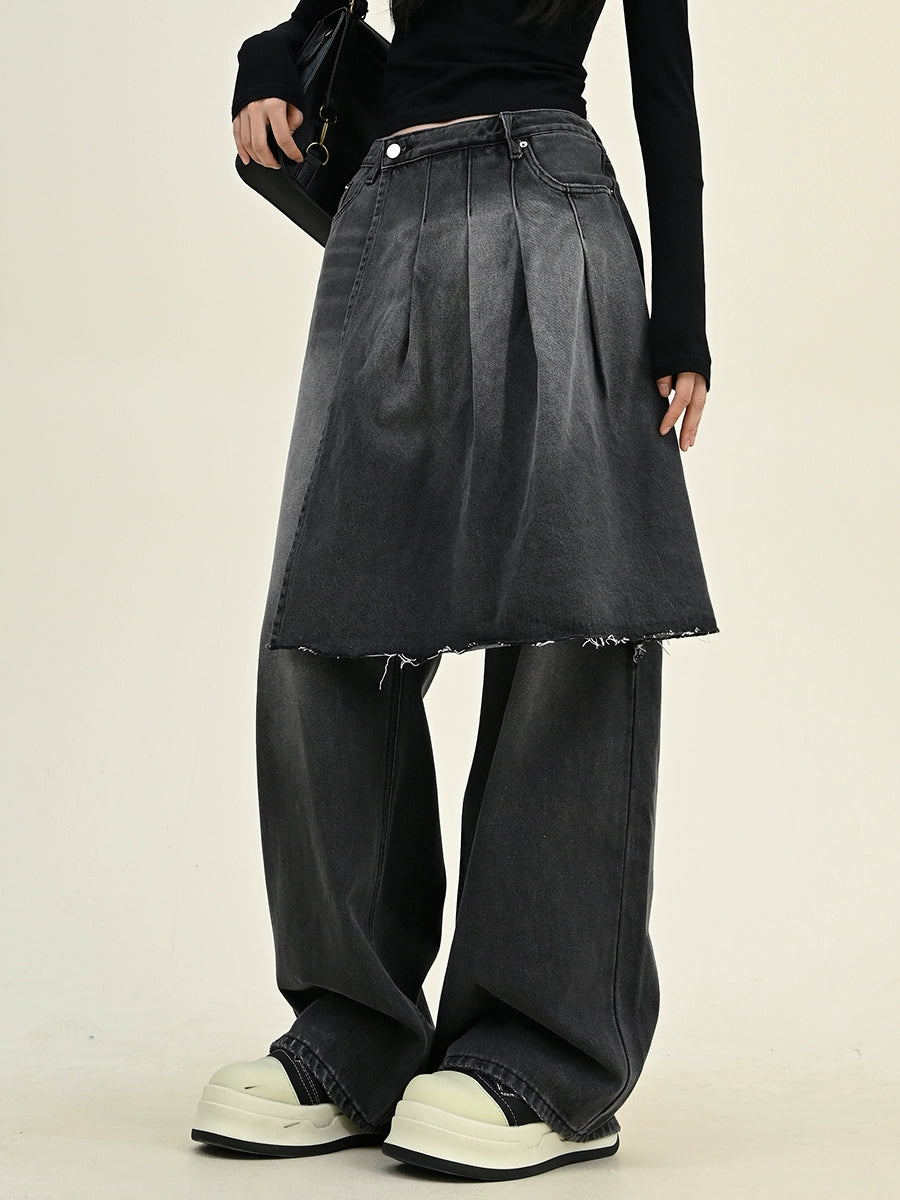 Wide-leg Fake Layered Skirt Denim Jeans NA6275