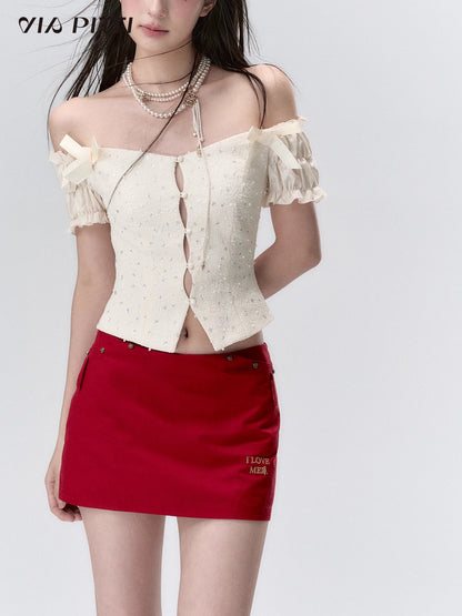 3D Pearl Mesh Bow Short Sleeve Blouse NA4797