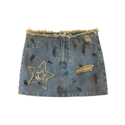 Washed Frayed Collar Denim Jacket & Denim Short Skirt Setup NA8915