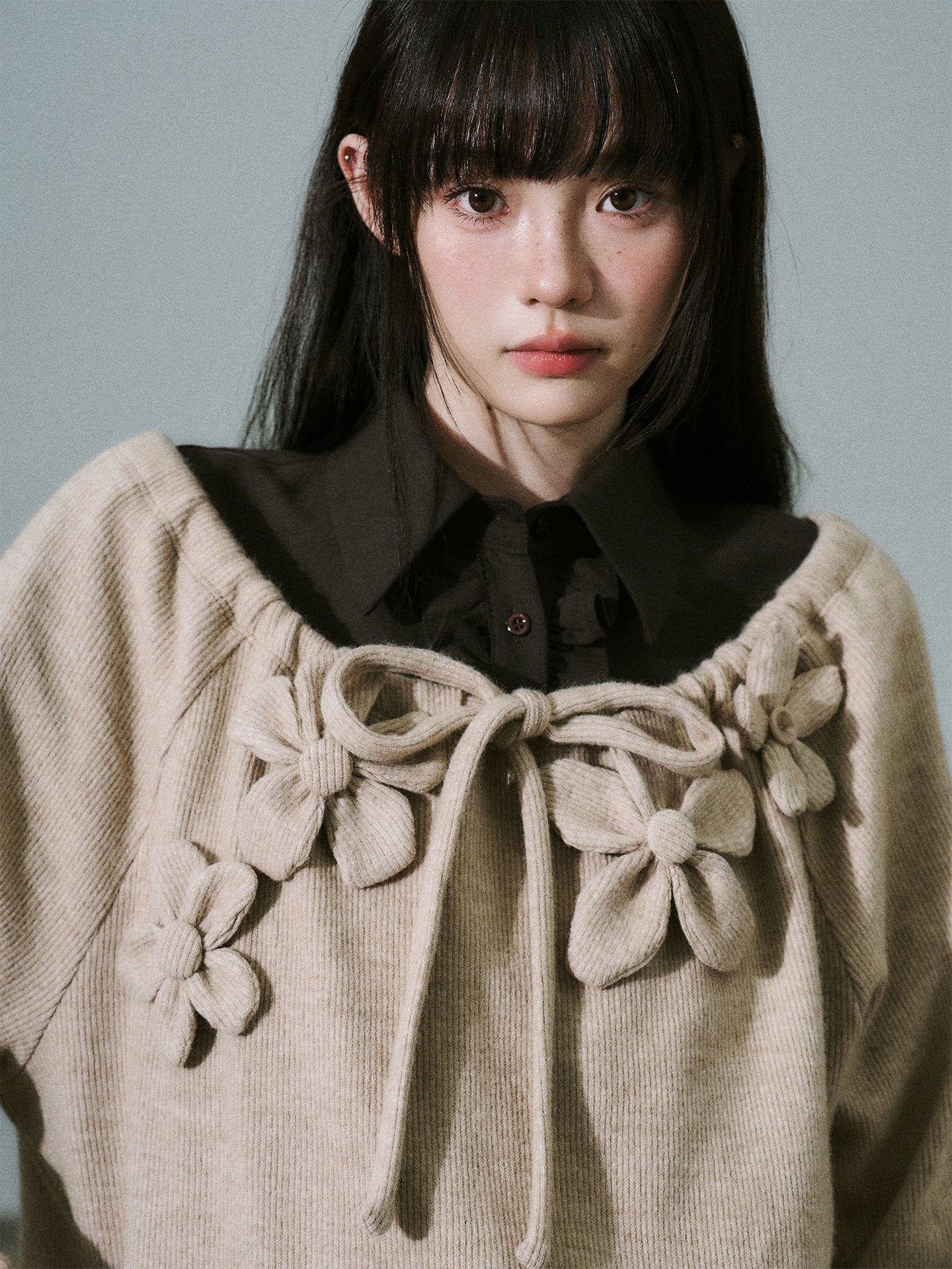 Handmade Flower Drawstring Wool Fake Layered Knit Sweater NA8802