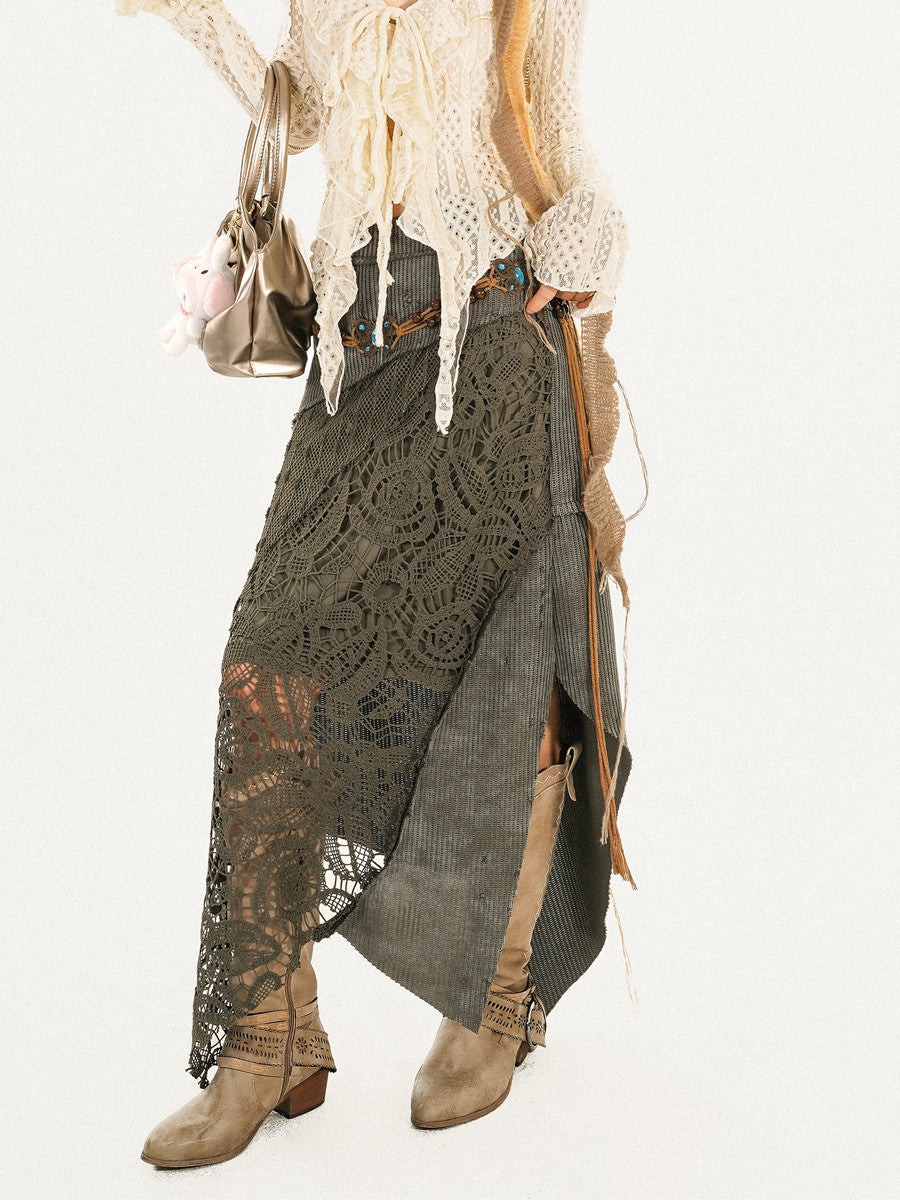 Original Design Heavy Craft Wasteland Knit Patchwork Lace Skirt NA8624