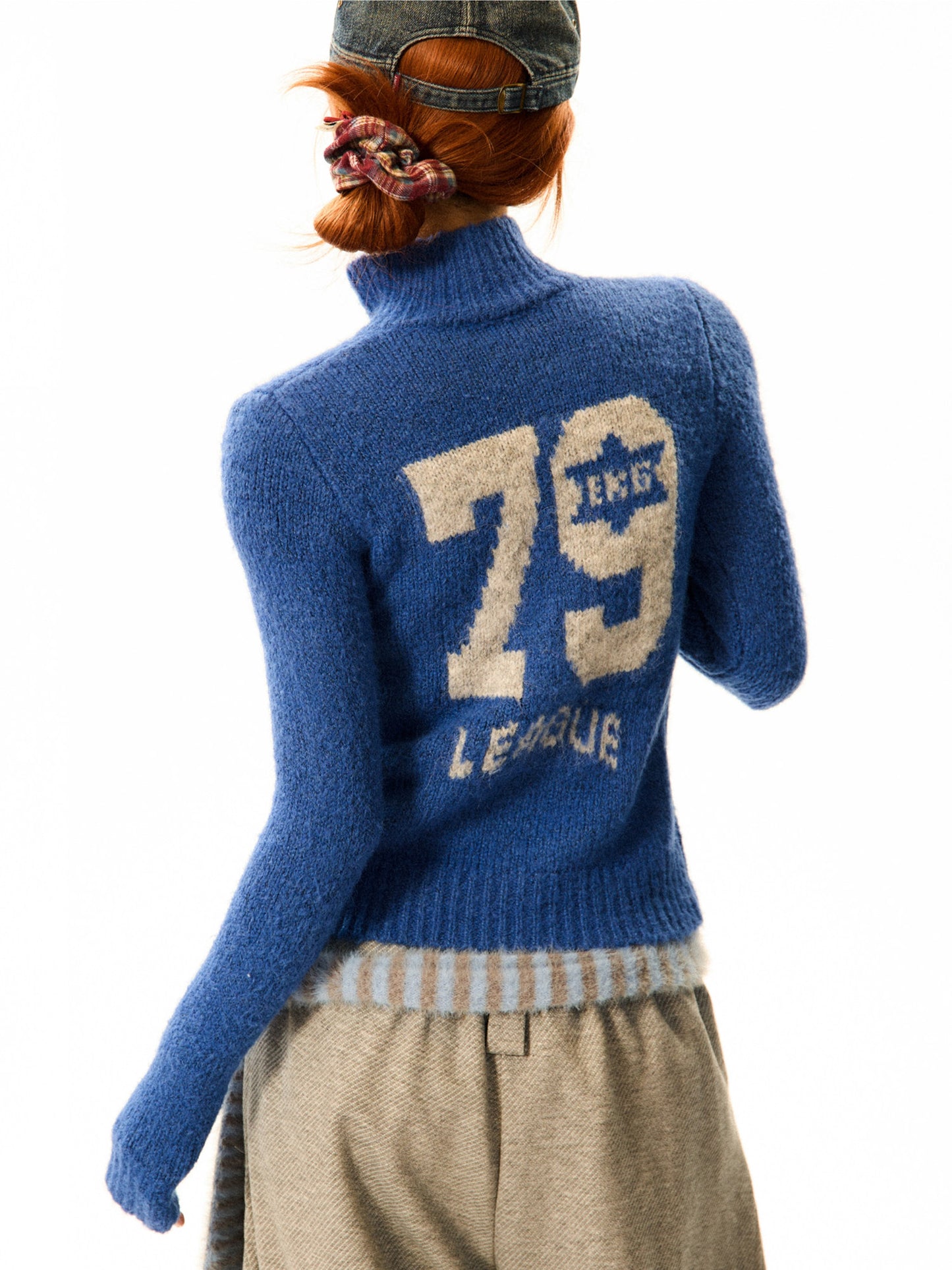Number Patch Knit Zipper Stand Neck Cardigan NA9359