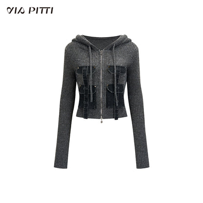 Patchwork Hooded Knit Cardigan NA4758