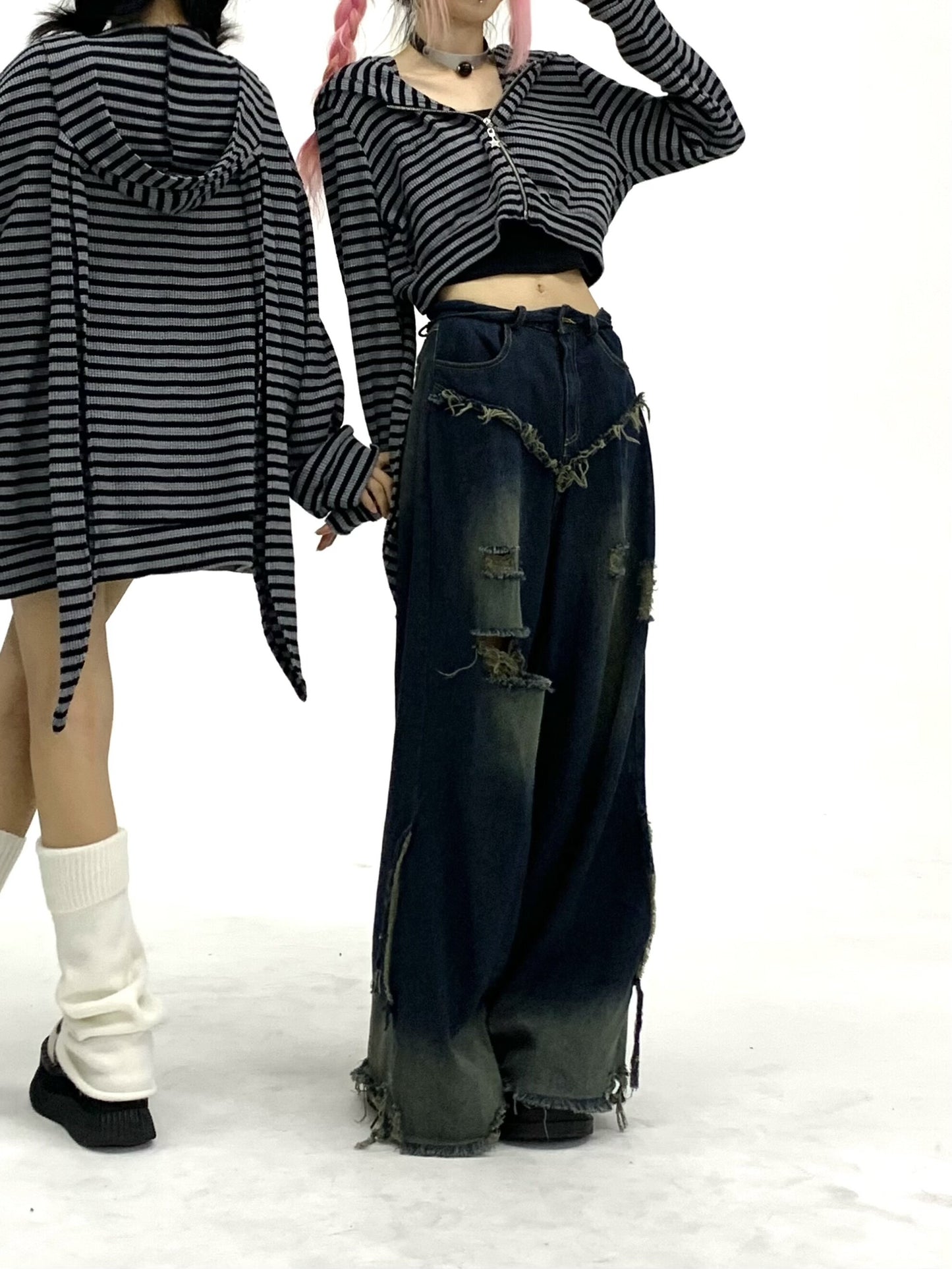 Striped Rabbit Ear Oversize Zipper Jacket & Zipper Coat NA9257