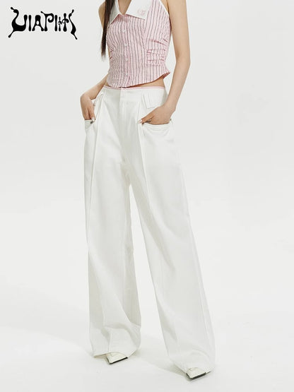 Fashionable Waist Panel Pocket Wide Leg Straight Pants NA5031