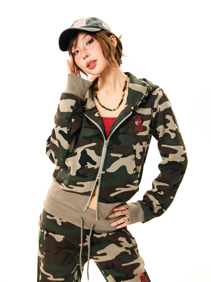 Camouflage Zipper Hoodie & Flare Pants Setup NA9339