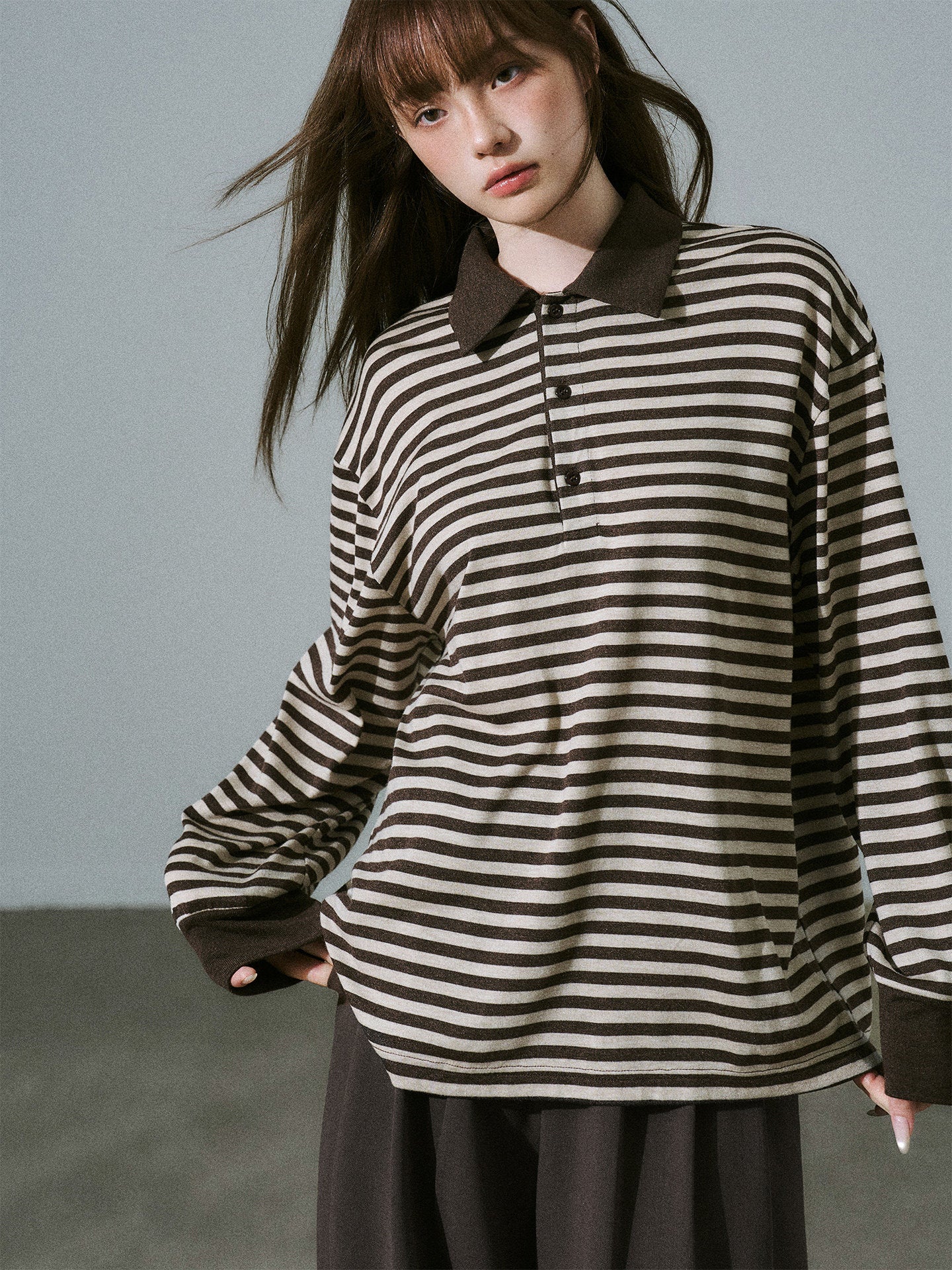 Brown Striped Long Sleeve Polo-Shirt NA8813