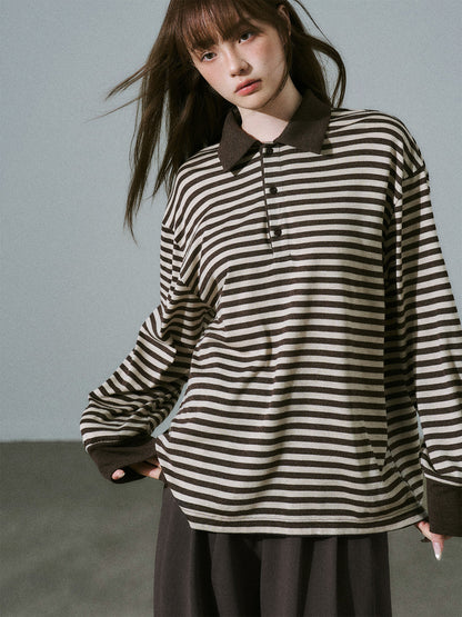 Brown Striped Long Sleeve Polo-Shirt NA8813