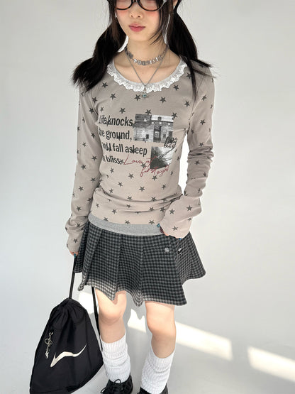 Star Print Lace Trim Fitted Long Sleeve T-Shirt NA9297