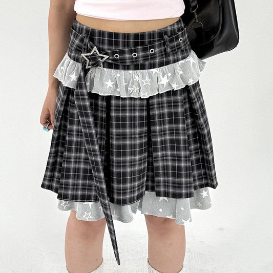 Plaid Lace Layered Star A-Line Short Skirt NA9280