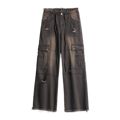 Washwd Damage Denim Jacket & Damage Wide Leg Denim Jeans Setup NA9431