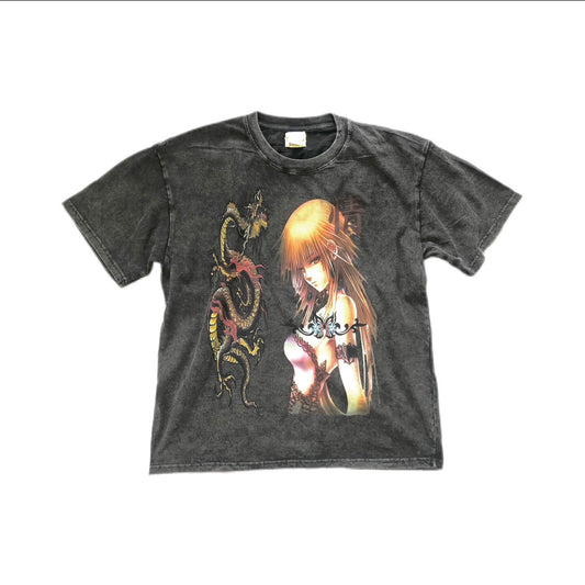 Heavyweight Washed Dragon Girl Print Short Sleeve T-Shirt NA7613