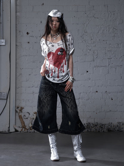 Embroidery Wing Washed Wide Leg Denim Half Jeans NA8970
