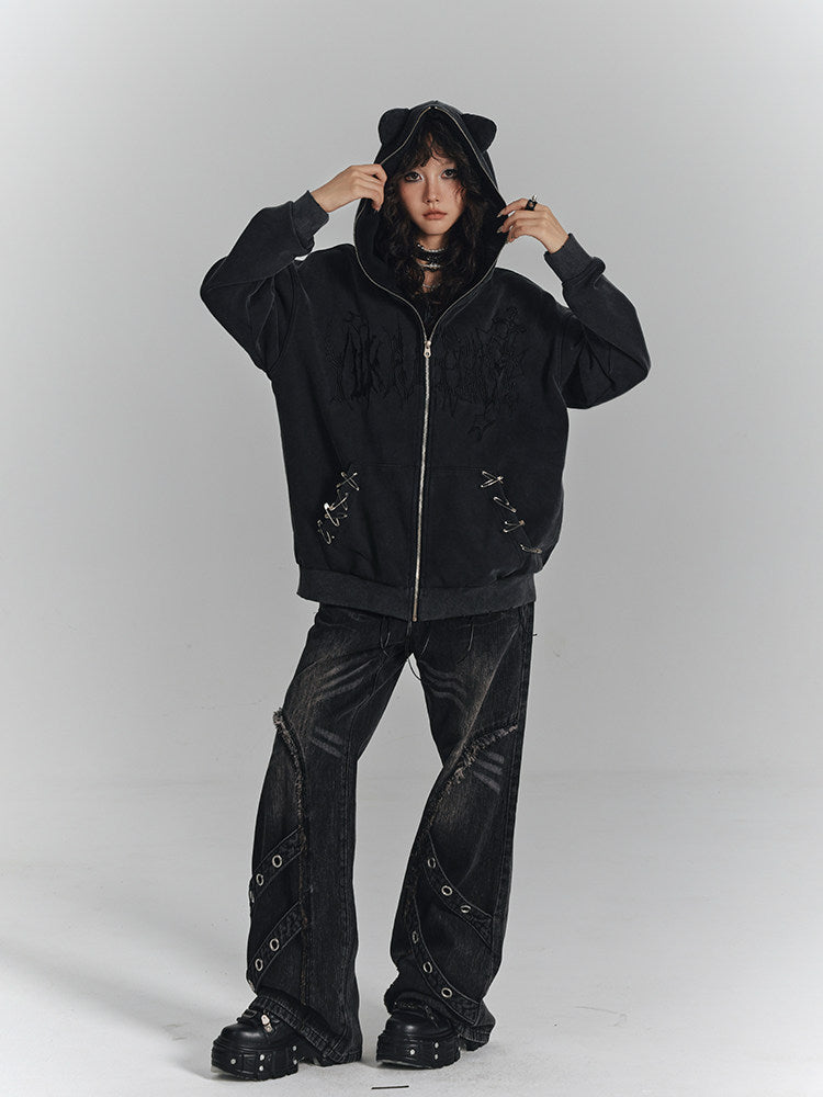 Washed Frayed Wide-Leg Straight Denim Jeans NA8903