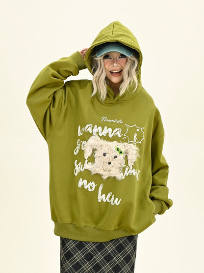 Oversize Fleece Little Dog Design Hoodie NA6296