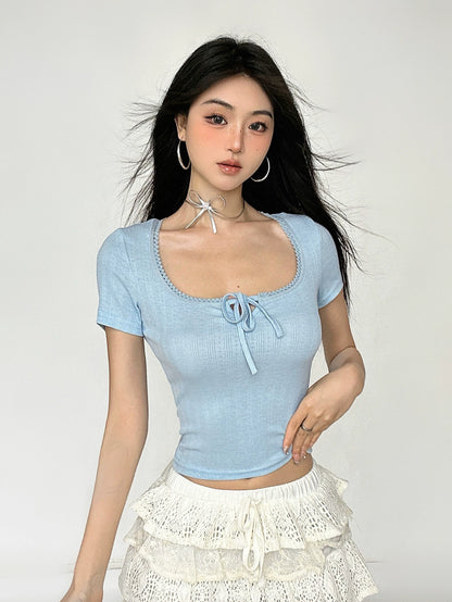 Square Neck Lace Jacquard Short Sleeve T-shirt NA4565