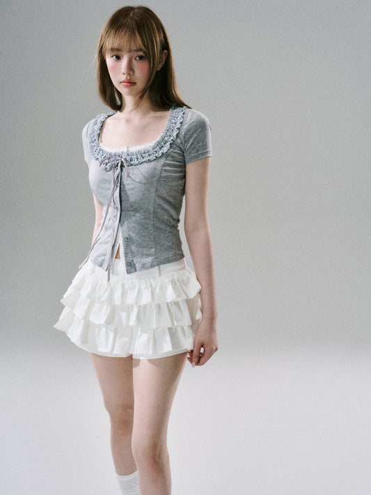 Sweet Girly Lace Ruffle Cargo Skirt NA8816