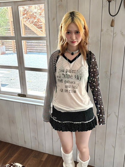 Star Contrast V-Neck Long Sleeve T-Shirt NA9273