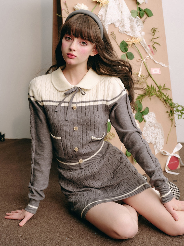 Bow Round Collar Knit Cardigan & Knit Short Skirt Setup NA5880