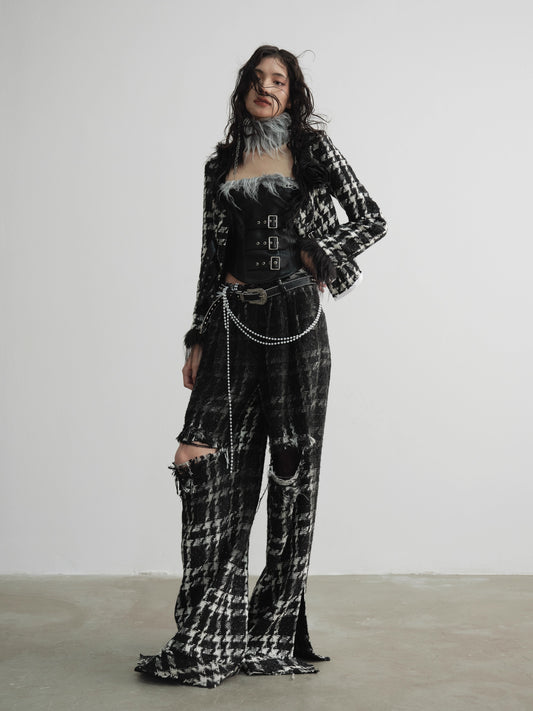 Gradient Wide-Leg Damage Plaid Pants NA5187