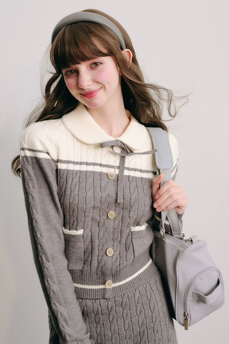 Bow Round Collar Knit Cardigan & Knit Short Skirt Setup NA5880