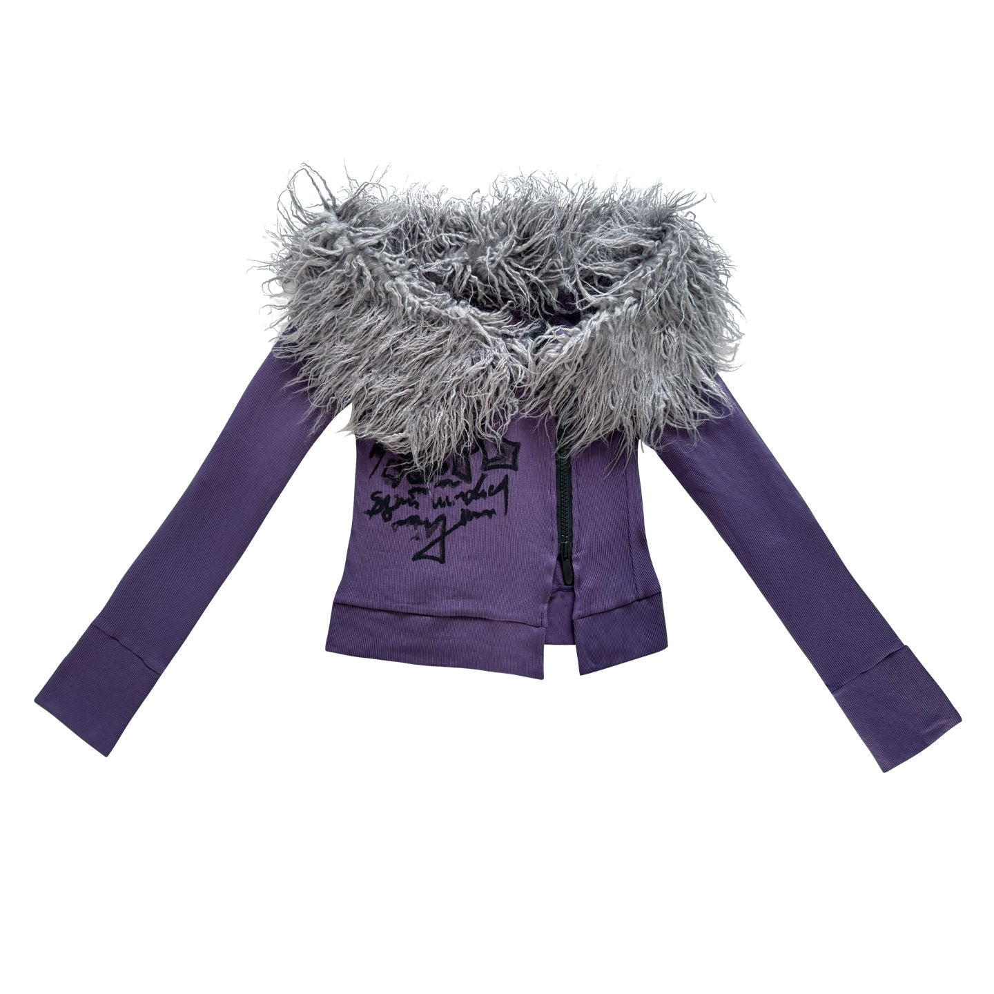 Fake Fur Trim Off-Shoulder Print Slim T-shirt NA8555