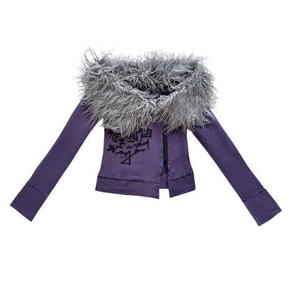 Fake Fur Trim Off-Shoulder Print Slim T-shirt NA8555