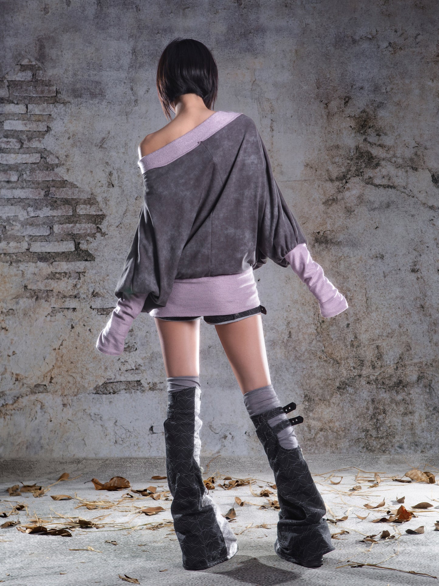 Original Fake Two-Piece Oversize Batwing Sleeve Floral Off-Shoulder Long Sleeve T-Shirts NA8353